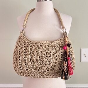 Emma Rose Crochet Straw Summer Handbag Bag Tan Medallion Boho Summer Tassel